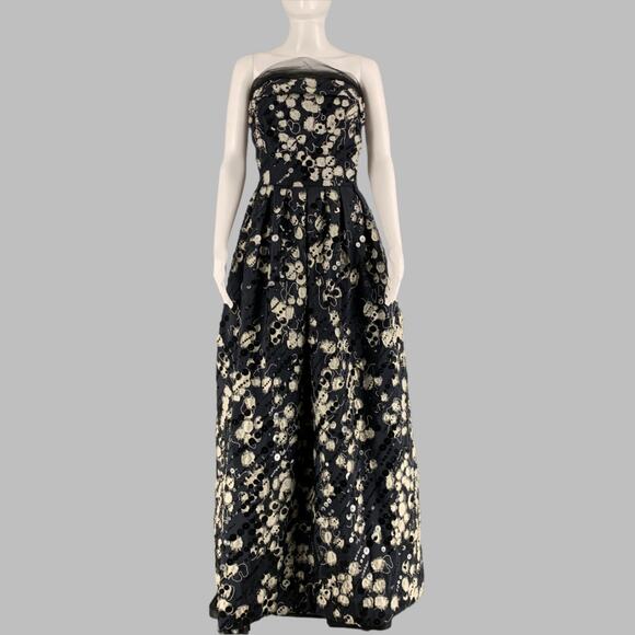 NAEEM KHAN Size 4 Black Cream Silk payettes Strapless Long Gown Evening Dress - Picture 1 of 1